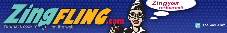The original 2006 ZingFling masthead: a blue polka-dot banner reading ZingFling.com, It's what's cookin' on the web, with an illustrated diner waitress saying Zing your restaurant!